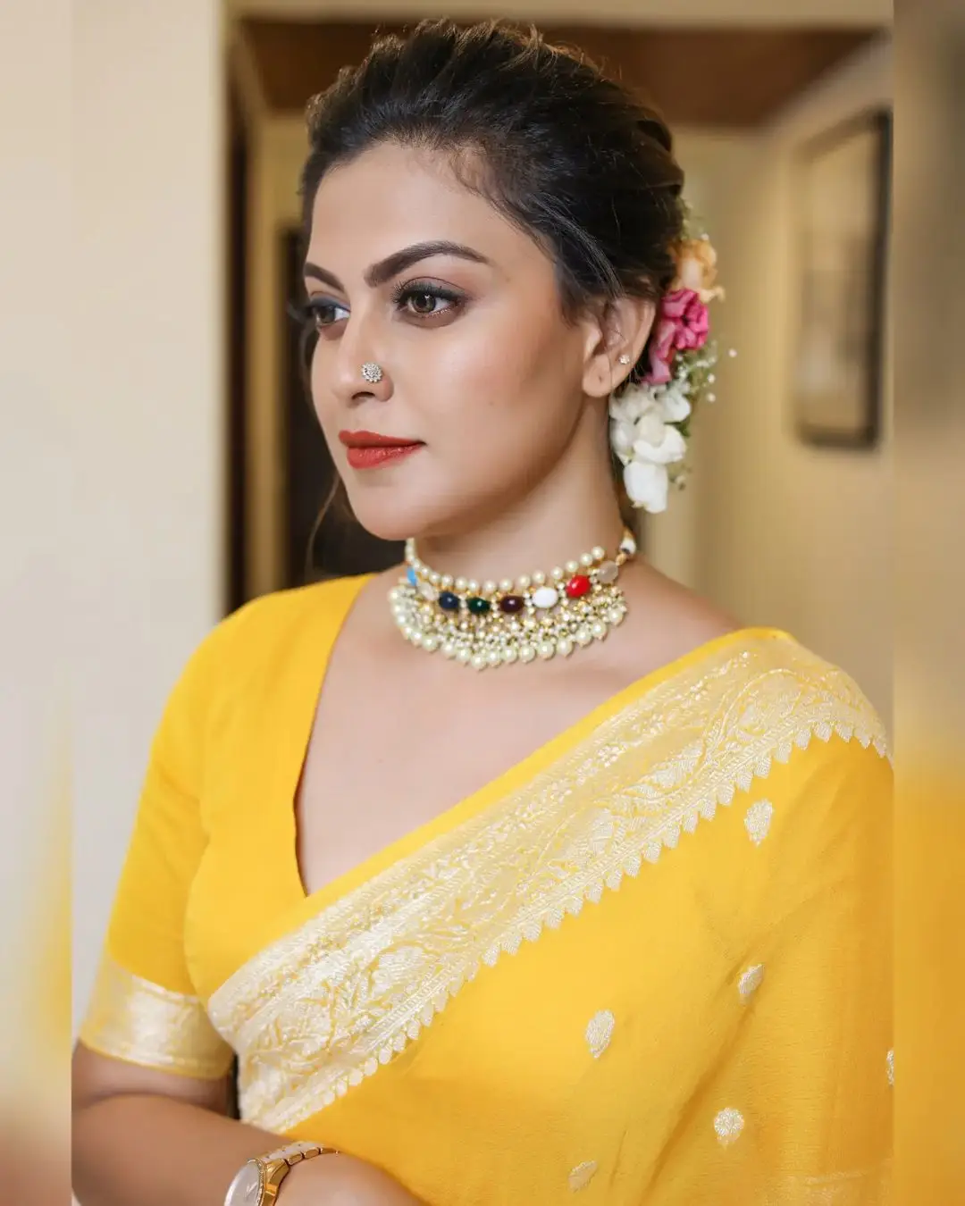 Anusree Nair Wearing Beautiful Earrings Jewellery Yellow Saree Blouse